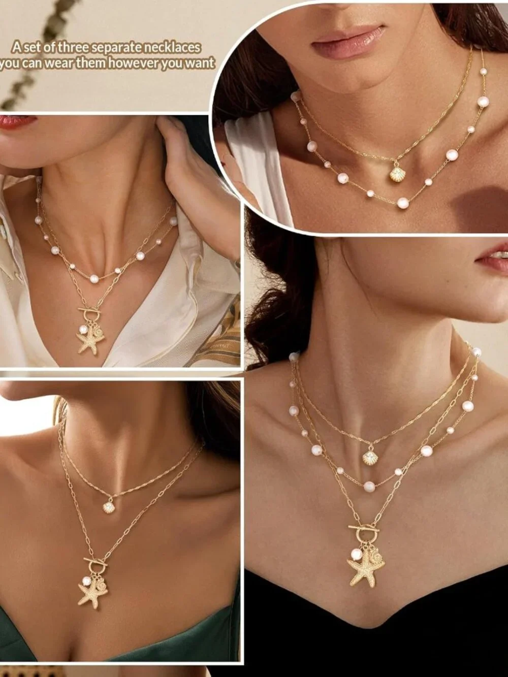 Layered Shell Necklace for Women, Starfish Pearl Pendant, Adjustable Beach - Picture 4 of 9
